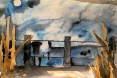 still life with vegans (cows under a full moon). watercolor. 1992.